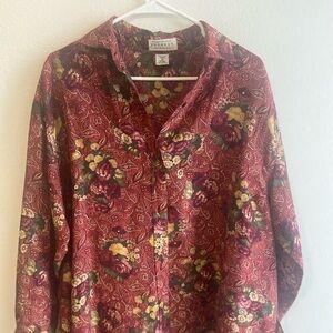 Vintage Express Burgundy and Yellow Floral Blouse